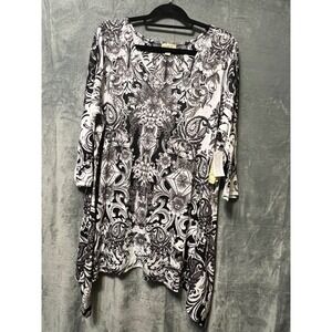 One World Black White Tunic Top 3X Embellished Butterfly Hi Low Hem Plus New